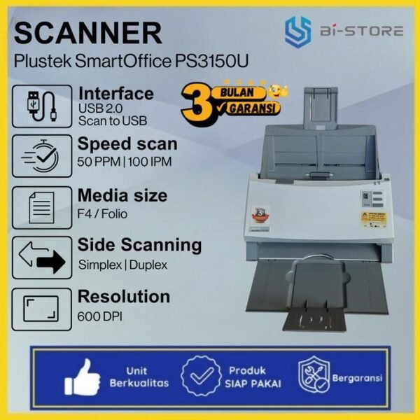 Scanner Folio F4 Plustek PS3150U ADF 100 Lembar Speed 50 PPM Unit Normal Siap Pakai
