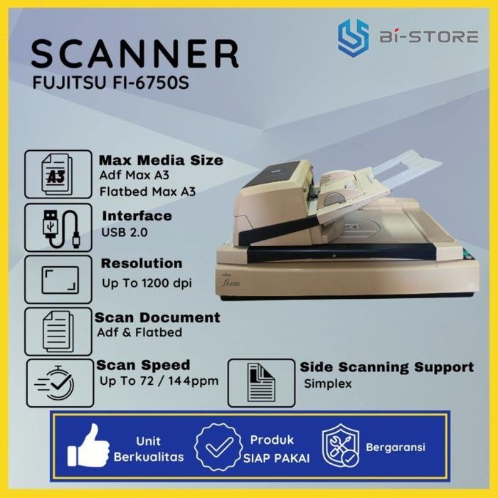 Scanner A3 Fujitsu Fi-6750S dengan flatbed dan ADF 200 lembar untuk dokumen volume besar