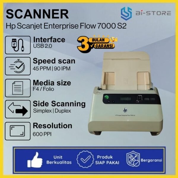 Scanner F4 HP Scanjet Enterprise Flow 7000 S2 dengan kecepatan 45 ppm dan ADF 50 lembar