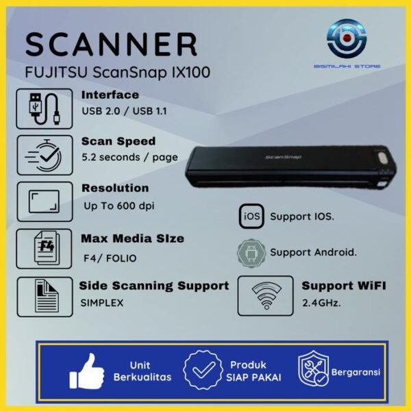 Scanner F4 Portable Fujitsu ScanSnap IX100 dengan Wi-Fi dan baterai rechargeable