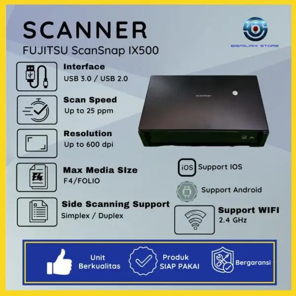 Scanner Folio F4 Fujitsu ScanSnap iX500 dengan koneksi Wi-Fi dan ADF 50 lembar