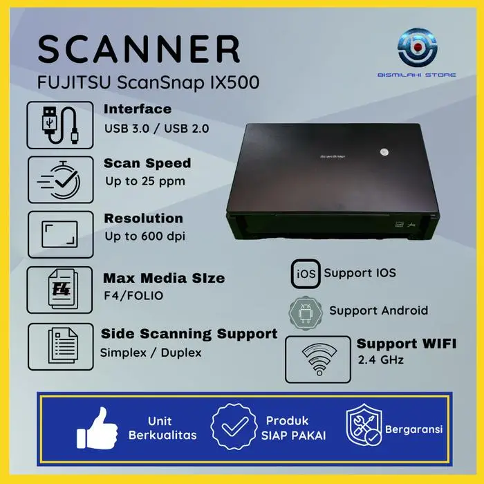 Scanner Folio F4 Fujitsu ScanSnap iX500 dengan koneksi Wi-Fi dan ADF 50 lembar