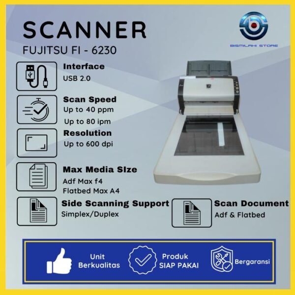 Scanner F4 Fujitsu Fi-6230 berkecepatan tinggi dengan ADF dan flatbed