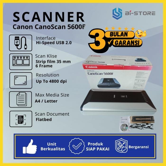 Dapatkan Canon CanoScan 5600F scanner klise fullset belum dipakai dengan resolusi 4800 x 9600 dpi. Mendukung film & slide 35mm, hasil tajam dan warna alami.