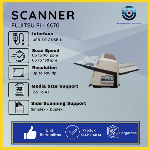 Scanner A3 Fujitsu Fi-6670 berkecepatan tinggi hingga 90 ppm dengan ADF besar