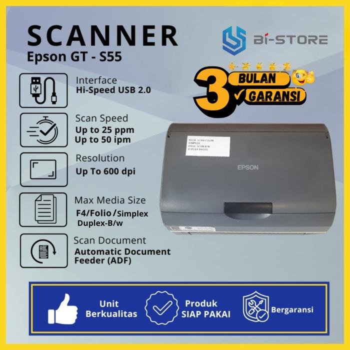 Scanner Epson GT-S55 kecepatan tinggi 25 PPM dengan ADF 75 lembar untuk dokumen F4
