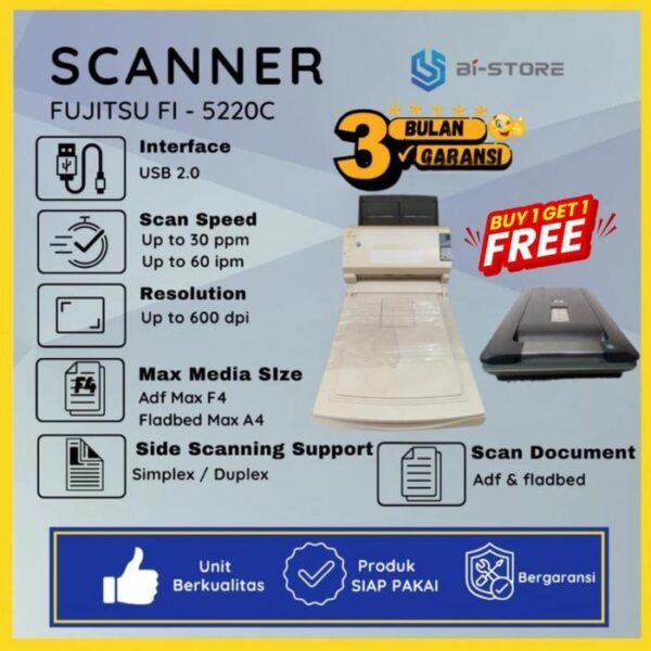 Scanner F4 Fujitsu fi-5220C berkecepatan 25 lembar per menit dengan bonus free scanner A4