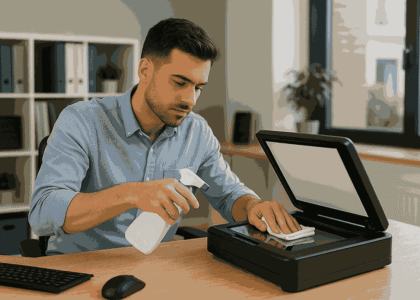 gambar seseorang sedang membersihkan scanner dokumen