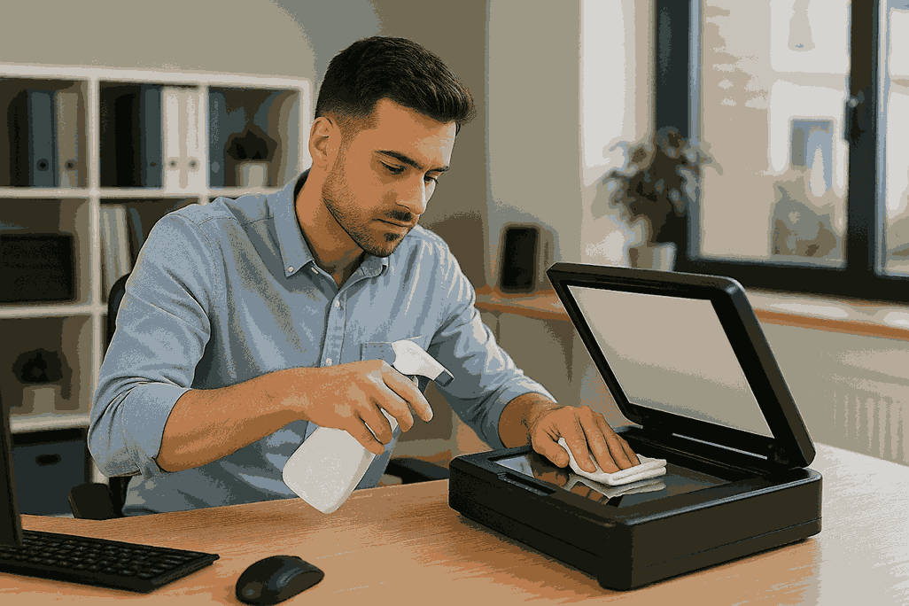 gambar seseorang sedang membersihkan scanner dokumen