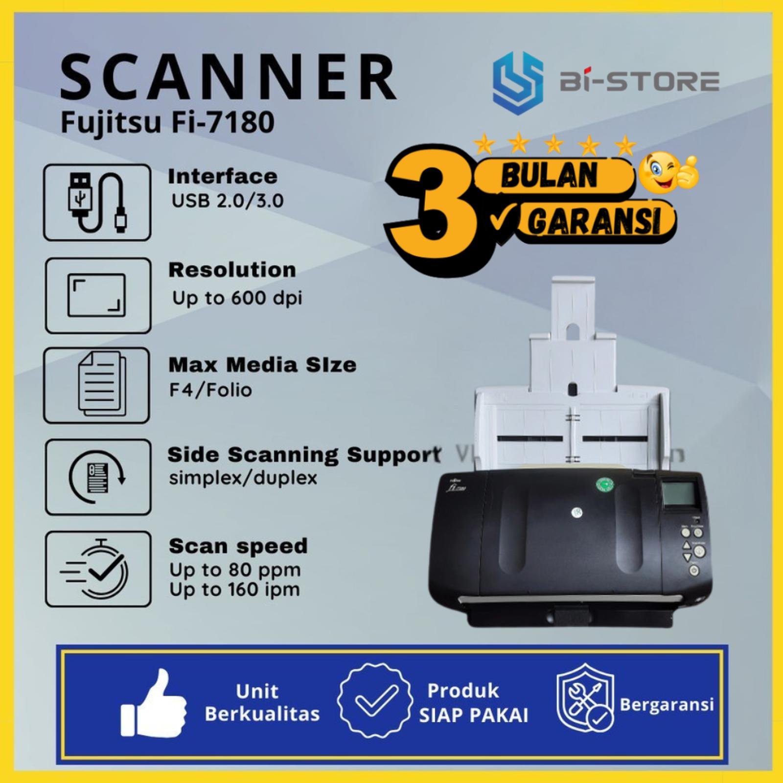 Fujitsu fi-7180 High Speed Document Scanner A4 - Kecepatan Enterprise 80 PPM